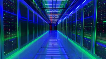 A high-tech data center is depicted in a stock photo with a server room featuring rows of servers and a digital green and blue color scheme, creating a futuristic and technologically advanced atmosphe