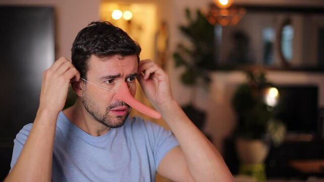 Funny man using a long plastic nose 