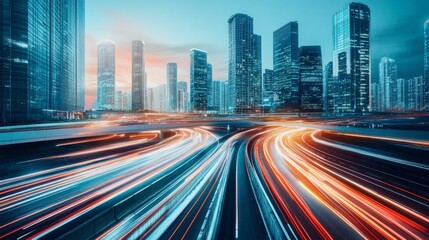 Obraz premium A modern urban skyline with residential towers rising above a busy highway at dusk, the headlights forming streaks of light.
