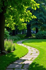 Fototapeta premium Serene Stone Path Winding Through Lush Green Landscape Under Canopy of Sunlight Dappled Leaves