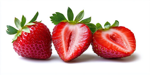 Fresh juicy red strawberries with halved fruit on white background