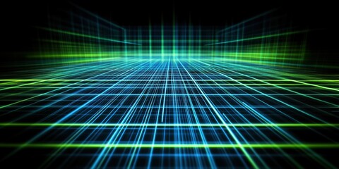 Obraz premium Futuristic green and blue grid creating digital perspective on black background