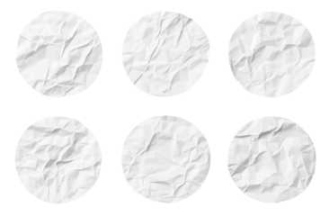 Crumpled Paper Circles: A collection of six circular paper textures with a variety of wrinkles, showcasing the subtle art of imperfection, ready for use in design templates or any project