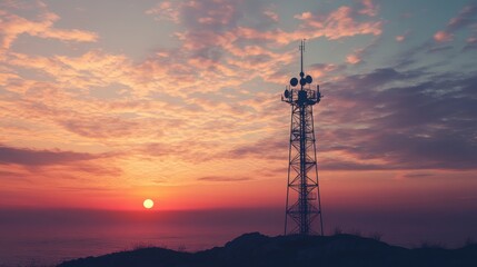 Fototapeta premium Morning Sunrise Over Sea: Navigation Tower Locators in a Vibrant Landscape