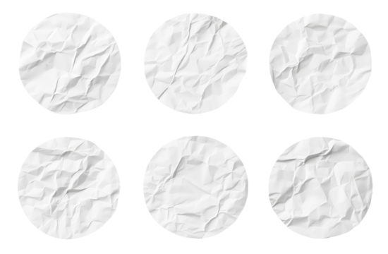 Crumpled Paper Circles: A collection of six circular paper textures with a variety of wrinkles, showcasing the subtle art of imperfection, ready for use in design templates or any project