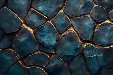 The image is a close up of a blue stone wall with gold accents. The wall is made up of various sized stones, giving it a rugged and natural appearance. The gold accents add a touch of luxury