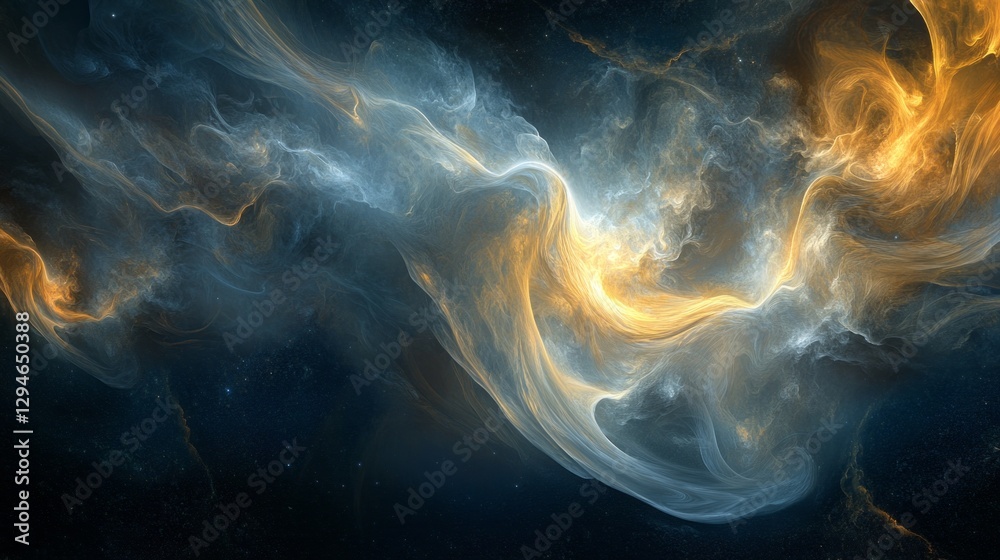Poster vibrant tendrils of light weave through a vast celestial expanse, blending rich blues and fiery gold