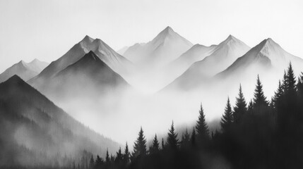 Misty Mountain Peaks in Monochrome Landscape