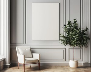 Modern minimalist living room design featuring empty canvas and indoor plant in bright space