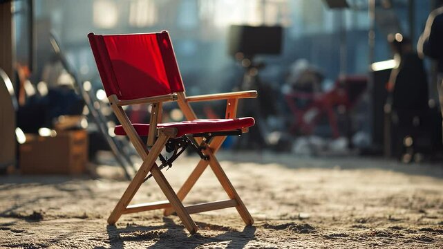 Red chair in the middle of desert. A set of chairs in a cinema set for filming. Director of the movie production in studio. A crimson seat situated in the center of a barren desert lifestyle.