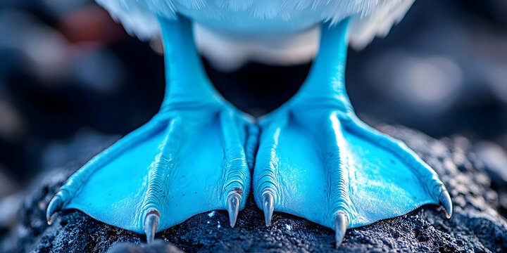 Close-up of blue-footed boobys vibrant webbed feet with sharp claws, standing on dark volcanic rock, highlighting its unique coloration and fascinating details in nature