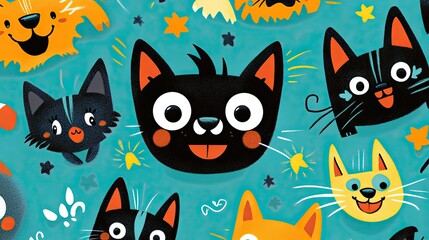 Cheerful cartoon cats teal background playful design