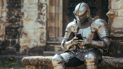 A medieval knight in full plate armor sitting on a stone bench, casually using a modern smartphone, historical and futuristic contrast