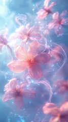 Fototapeta premium Delicate Pink Flowers Floating in Ethereal Blue Background Light