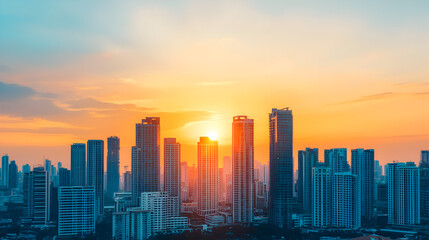 Fototapeta premium Golden sunset over modern city skyline urban landscape aerial view serenity