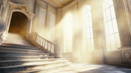 Majestic staircase in a sunlit grand hall