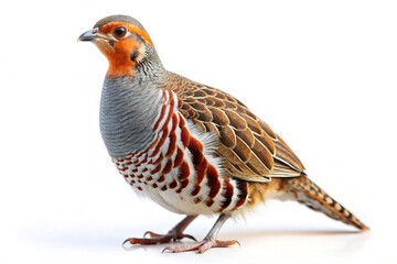 Fototapeta premium Close-up of a beautifully patterned partridge standing against a clean white background. AI Generated