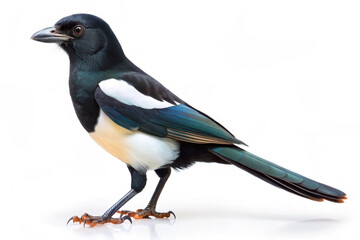 Obraz premium Close-up of a striking Eurasian magpie standing on a white background, showcasing glossy black-and-white plumage. AI Generate