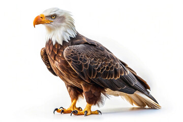 Fototapeta premium Regal eagle with intense golden eyes, strong beak, and magnificent brown and white feathers, standing proudly against a white