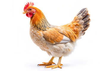 Fototapeta premium Vibrant hen with orange and golden feathers, standing against a white background.
