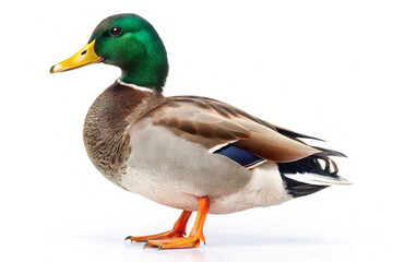 Obraz premium Handsome drake with shimmering green head, rich brown body, and bright orange feet, standing confidently against a white back
