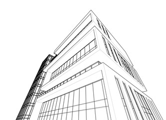 Modern Skyscraper Wireframe. Futuristic Urban Architecture in Abstract Perspective
