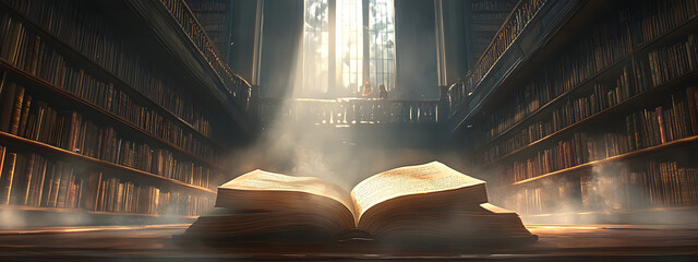 An open book rests on a table in an ancient library
