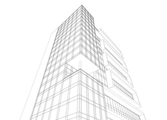 Fototapeta premium Modern Skyscraper Wireframe. Futuristic Urban Architecture in Abstract Perspective