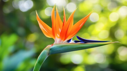 Obraz premium A striking bird of paradise flower with tropical rainforest behind.