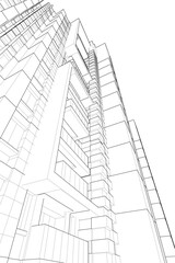 Modern Skyscraper Wireframe. Futuristic Urban Architecture in Abstract Perspective