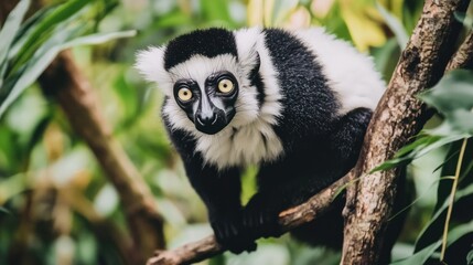 Black and White Lemur in Lush Tropical Habitat