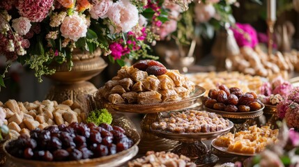 Fototapeta premium Eid Dessert Feast: Close-up view of a diverse array of traditional sweets and dates on golden platters with floral arrangements