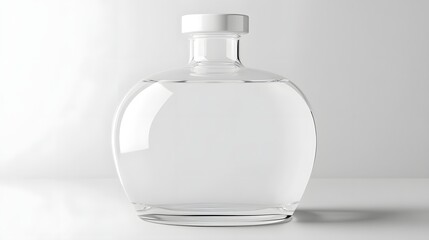 A clear glass bottle sits elegantly on a minimalist white surface, reflecting soft light, showcasing purity