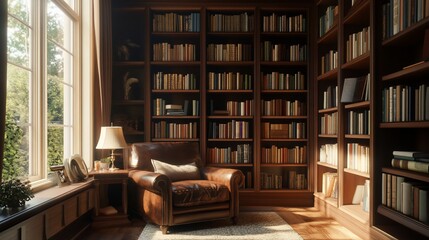 Sunlit library with leather armchair and bookshelves.