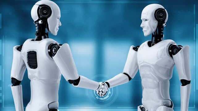 3D rendering hominoid robot handshake to collaborate future technology development by AI thinking brain, artificial intelligence and machine learning process for 4th industrial revolution.