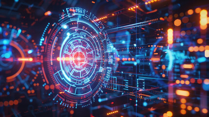 Obraz premium Quantum Teleportation Blueprint with Hyper-Detailed Neon Graphics