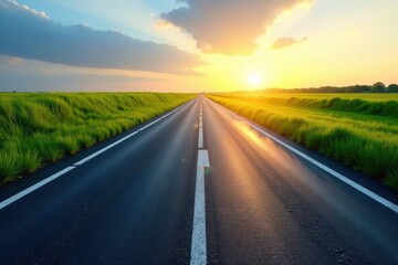 Fototapeta premium Asphalt road stretching towards a vibrant sunset, bordered by lush green fields, symbolizing journey and hope.