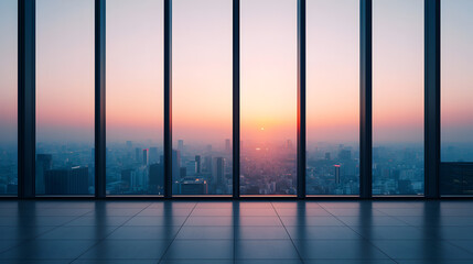 Fototapeta premium Indoor wide angle photo of sunset from modern office in urban setting