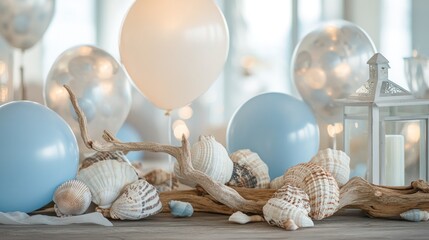 Coastal-themed party decoration with balloons, seashells, and driftwood centerpiece