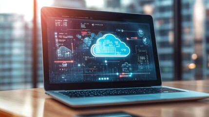 A thin and stylish business laptop with a bright screen displaying cloud computing software.