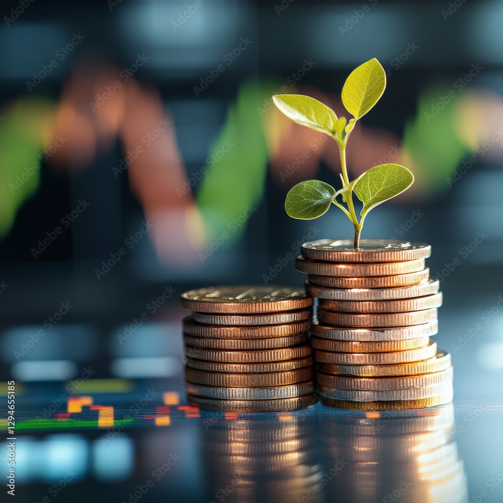 Aufkleber financial growth: seedling emerging from a stack of coins against stock market chart backdrop