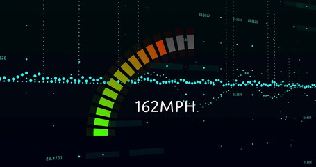 Image of speedometer and data processing over black background