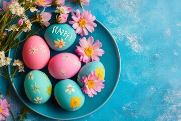A vibrant arrangement features decorated eggs in pink and blue hues alongside fresh flowers. This festive display embodies the joy of spring and Easter celebrations