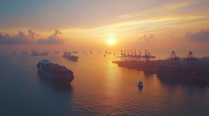 Golden Hour at the Port: Container Ships and Sunset