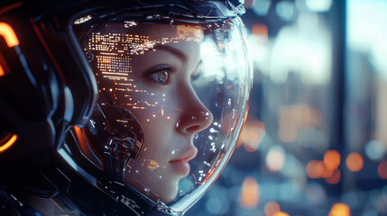 A futuristic female cyborg with human traits and advanced enhancements looks into the distance, her helmet featuring complex digital interfaces and glowing holographic data