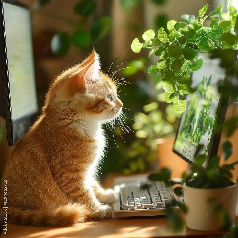 Poster ginger kitten's tech start-up: a cute cat working from home surrounded by plants, using a keyboard a