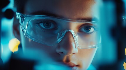 Closeup Young Female Scientist Focused Research Lab Safety Glasses Blue Light Technology Innovation Science Experimentation Medical Professional      