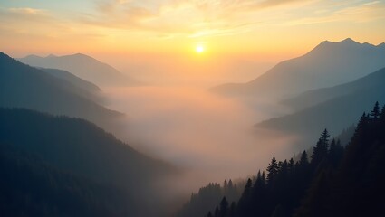 Obraz premium Majestic Sunset Over Misty Mountains: A Breathtaking Panorama