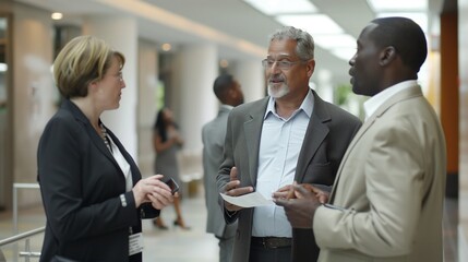 Diverse business colleagues engaging in conversation during a conference in a modern office setting