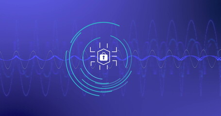 Image of padlock icon, digital data processing over network of connections